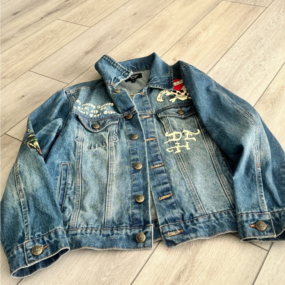 Ed Hardy Blue Jean Jacket with Skull Embroidery - Picture 1 of 9